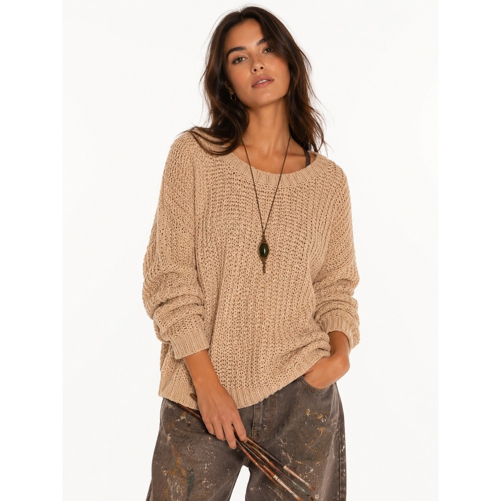 Organic by John Patrick Beige Chunky Knit Sweater High Low Pullover Tan Womens
